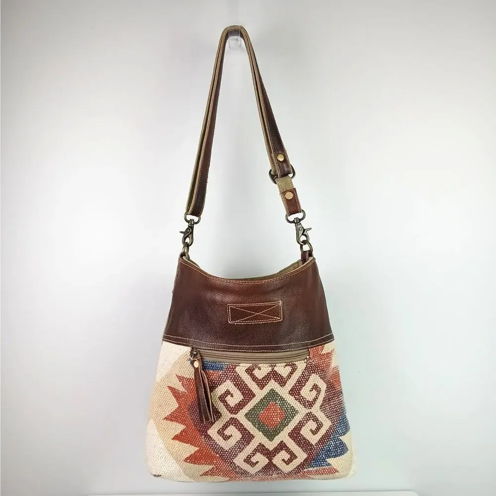 Myra Crimson Rug-Canvas-Genuine Leather Crossbody Bag Southwest Boho Hippie